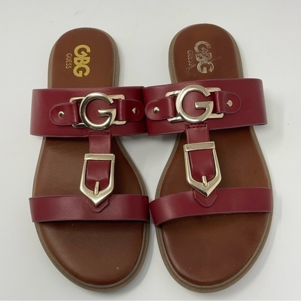 G By‎ Guess Dark Red Open Toe Sandal with Gold Accents Size 7 1/2